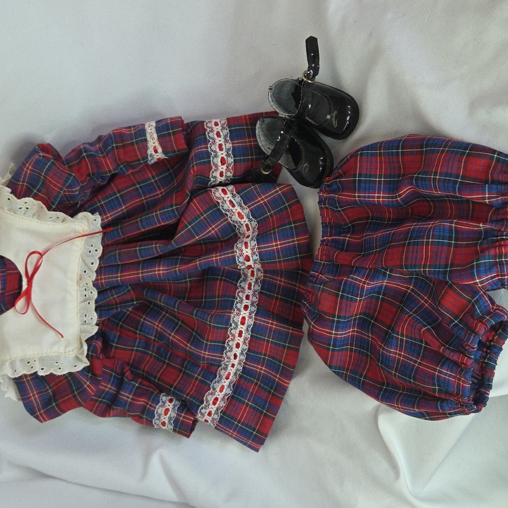 Plaid Doll Dress Pantaloons Black Shoes Vintage 90s Measurements Below